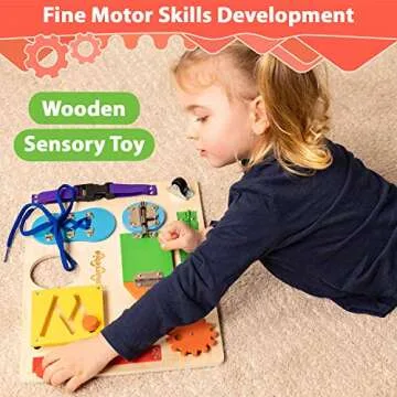 marsebia Montessori Busy Board for Toddlers - Activity Board for Fine Motor Skills, 3 Years Travel Toy with Basic Life Skills Activities - Wooden Sensory Toy for Boys & Girls, Multiple Colors