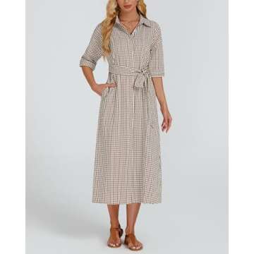 Stylish Women's Plaid Maxi Dress with V Neckline and Belt