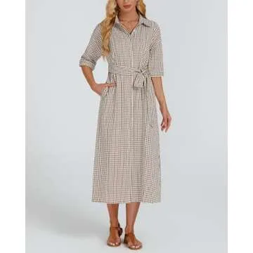 Stylish Women's Plaid Maxi Dress with V Neckline and Belt