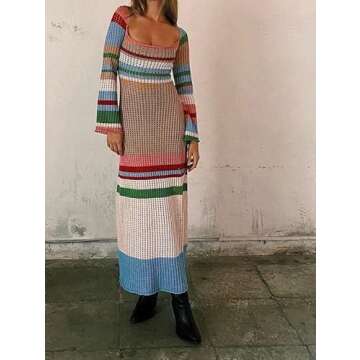 NUFIWI Women Long Sleeve Knit Midi Dress Hollow Out Backless Long Dress Summer Slim Fit Beach Maxi Dress Fashion Streetwear Colorful