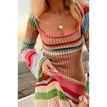 NUFIWI Women Long Sleeve Knit Midi Dress Hollow Out Backless Long Dress Summer Slim Fit Beach Maxi Dress Fashion Streetwear Colorful