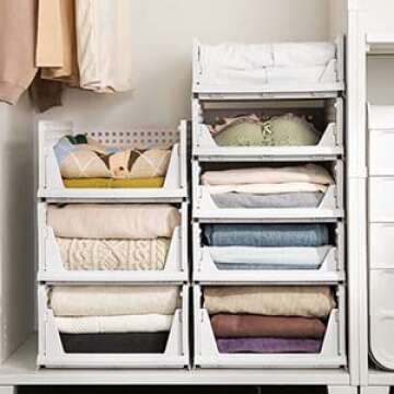 Phyllia 4 Pack Closet Organizers Stackable Storage Bins, Plastic Collapsible Drawer Basket for Kitchen Cabinets, Pantry, Offices, Bedrooms, Bathrooms,White