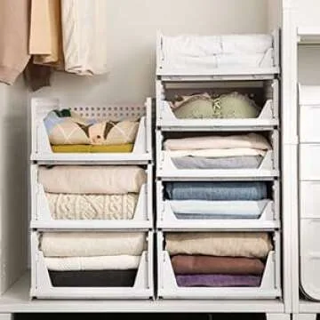 Phyllia 4 Pack Closet Organizers Stackable Storage Bins, Plastic Collapsible Drawer Basket for Kitchen Cabinets, Pantry, Offices, Bedrooms, Bathrooms,White