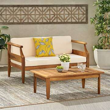 Christopher Knight Home Gallia Outdoor Loveseat Set, Teak Finish, Cream