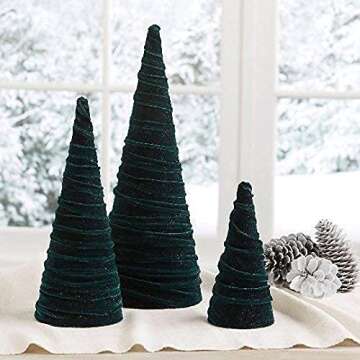Emerald Velvet Cones Set of 3, Mantel decor, Holiday Entryway, Rustic Winter Home, Valentine's, Modern Christmas, Tree Figurines (Emerald)