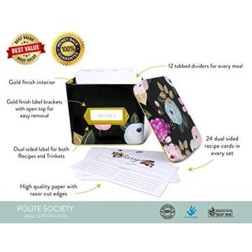 Polite Society Recipe Cards and Box Set - 24 4x6 Recipe Cards - Sturdy Tin Box - Sleek Black with Gold Finish and Floral Print - Store and Protect your Favorite Recipes