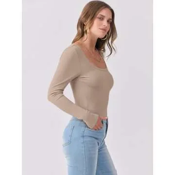 ANRABESS Women's Long Sleeve Tops Casual Scoop Neck Ribbed Knit Slim Fitted Basic Tee Shirts Trendy Spring Outfits Khaki X-Large