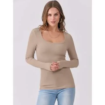 ANRABESS Women's Long Sleeve Tops Casual Scoop Neck Ribbed Knit Slim Fitted Basic Tee Shirts Trendy Spring Outfits Khaki X-Large