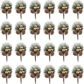 TIHOOD 25PCS Artificial Pine Picks, Pine Needles Branches with Gold Berry Stems, Small Fake Berries ...
