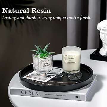 Emibele Vanity Tray, Resin Round Tray Decorative Storage Organizer for Bathroom Toilet Tank Bedroom Kitchen Countertop, Jewelry Storage Dresser Tray for Candle,Lotion Bottle,Cosmetics, Matte Black