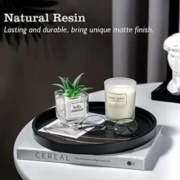 Emibele Vanity Tray, Resin Round Tray Decorative Storage Organizer for Bathroom Toilet Tank Bedroom Kitchen Countertop, Jewelry Storage Dresser Tray for Candle,Lotion Bottle,Cosmetics, Matte Black