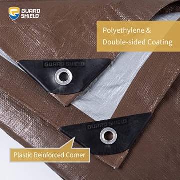 GUARD SHIELD Tarps Heavy Duty Waterproof 12x12 Feet Brown/Bright Silver Poly Tarp Cover Square Outdo...
