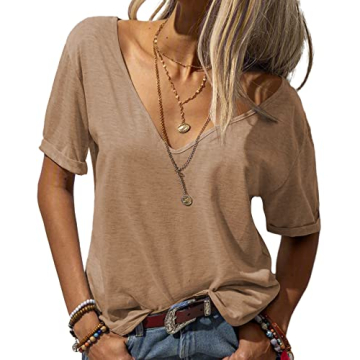 Danedvi Women Fashion Deep V-Neck Short Sleeve Tops Solid Casual Loose Basic T Shirt Khaki