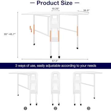 Soligel Folding Craft Table, Mobile Cutting Table with Storage Shelves, Sewing Table for Home Office Sewing Room Craft Room, Height Adjustable35''-45.7'' White