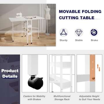 Soligel Folding Craft Table, Mobile Cutting Table with Storage Shelves, Sewing Table for Home Office Sewing Room Craft Room, Height Adjustable35''-45.7'' White