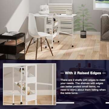 Soligel Folding Craft Table, Mobile Cutting Table with Storage Shelves, Sewing Table for Home Office Sewing Room Craft Room, Height Adjustable35''-45.7'' White