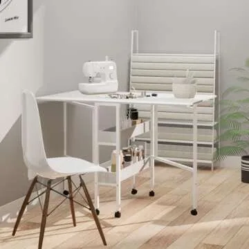 Soligel Folding Craft Table, Mobile Cutting Table with Storage Shelves, Sewing Table for Home Office Sewing Room Craft Room, Height Adjustable35''-45.7'' White