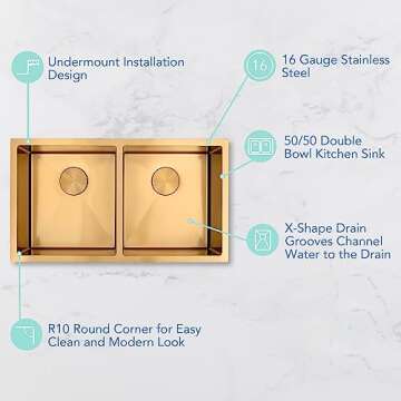 Zeesink Gold Kitchen Sink Double Bowl Undermount Stainless steel Sink With Accessories (31 x 18 Inch)