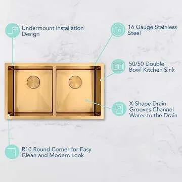 Zeesink Gold Kitchen Sink Double Bowl Undermount Stainless steel Sink With Accessories (31 x 18 Inch)