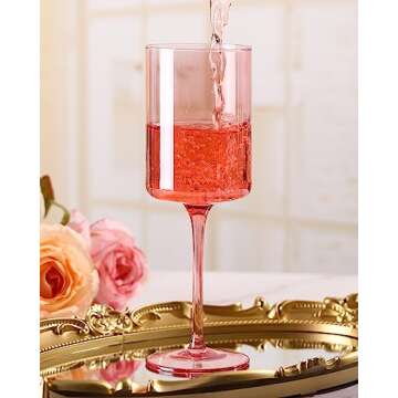 Physkoa Pink Wine Glasses Set of 6-13oz, 【Hand-blown, Non-lead Crystal】 Wine Glasses - Pink Birthday Decorations, Gifts for Women Wine Lovers, Valentines Day Gifts