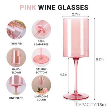 Physkoa Pink Wine Glasses Set of 6-13oz, 【Hand-blown, Non-lead Crystal】 Wine Glasses - Pink Birthday Decorations, Gifts for Women Wine Lovers, Valentines Day Gifts