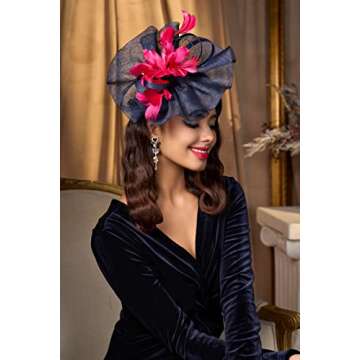 BABEYOND Derby Hats for Women - Fascinators Tea Party Hats Headband Fascinator Wedding Cocktail Organza Feathers Hair Clip Navy Blue