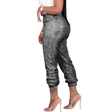 Urbcent Women Trouser Adjustable Elastic Legging Bodycon Sexy Sequin Pants(Grey-XL)
