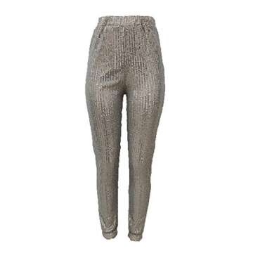 Urbcent Women Trouser Adjustable Elastic Legging Bodycon Sexy Sequin Pants(Grey-XL)