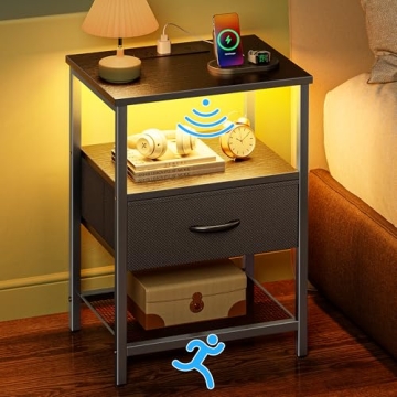 Huuger Nightstand with Nightlight and Charging Station, LED Night Stand with Motion Sensor Light, Be...