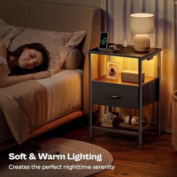 Huuger Nightstand with Nightlight and Charging Station, LED Night Stand with Motion Sensor Light, Bedside Table with Fabric Drawer, End Table with Storage, Narrow Side Table with Mesh Shelf, Black