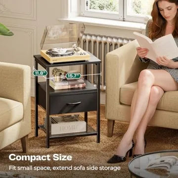 Huuger Nightstand with Nightlight and Charging Station, LED Night Stand with Motion Sensor Light, Bedside Table with Fabric Drawer, End Table with Storage, Narrow Side Table with Mesh Shelf, Black