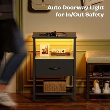 Huuger Nightstand with Nightlight and Charging Station, LED Night Stand with Motion Sensor Light, Bedside Table with Fabric Drawer, End Table with Storage, Narrow Side Table with Mesh Shelf, Black