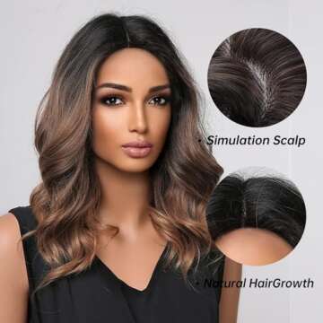 Allbell Bob Wigs for Black Women Short Curly Brown Ombre with Dark Roots Middle Part Synthetic Wig