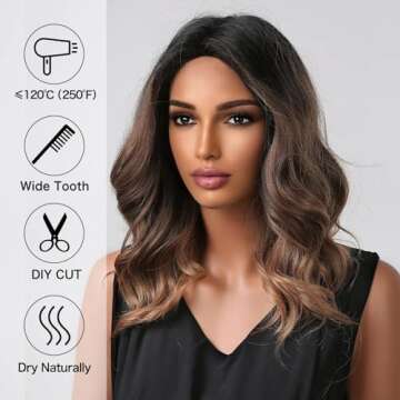 Allbell Bob Wigs for Black Women Short Curly Brown Ombre with Dark Roots Middle Part Synthetic Wig
