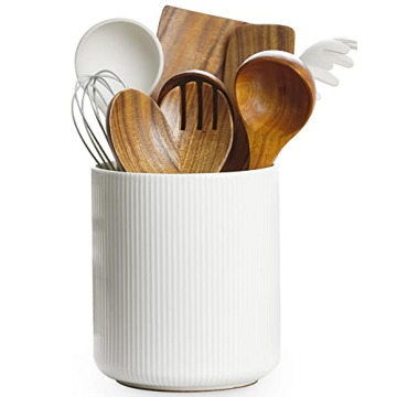 Elegant White Ceramic Kitchen Utensil Holder with Cork Mat - Stylish & Functional