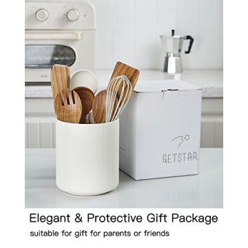 White Ceramic Kitchen Utensil Holder with Cork Mat