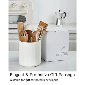 White Ceramic Kitchen Utensil Holder with Cork Mat