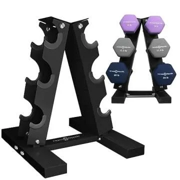 Fitness Republic Solid Steel Dumbbell Rack Holder, A-Frame Dumbbell Storage Racks, dumbbells tower for home gym exercise, Neoprene Dumbbells Pairs (15lb, 17.5lb & 20lb) with 3 Tier Rack Combo