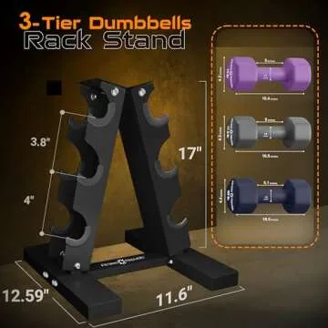Fitness Republic Solid Steel Dumbbell Rack Holder, A-Frame Dumbbell Storage Racks, dumbbells tower for home gym exercise, Neoprene Dumbbells Pairs (15lb, 17.5lb & 20lb) with 3 Tier Rack Combo