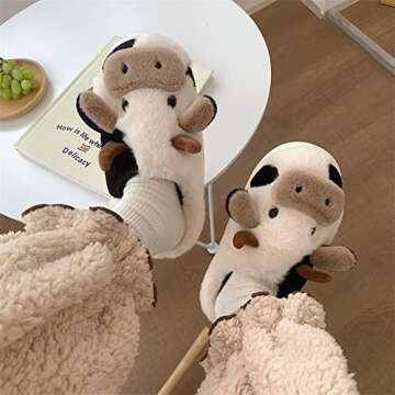 MIXILU Cartoon Cow Cotton Slippers, Cute Cozy Fuzzy Animal Slippers, Winter Indoor Outdoor Slippers for Women