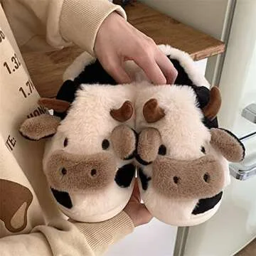 MIXILU Cartoon Cow Cotton Slippers, Cute Cozy Fuzzy Animal Slippers, Winter Indoor Outdoor Slippers for Women