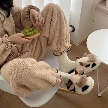 MIXILU Cartoon Cow Cotton Slippers, Cute Cozy Fuzzy Animal Slippers, Winter Indoor Outdoor Slippers for Women