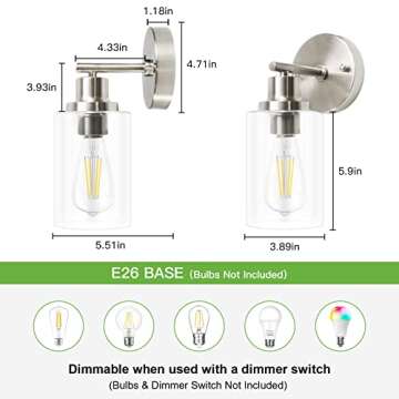 Kimjo Bathroom Wall Sconce, 1 Light Bathroom Vanity Light Brushed Nickel, Modern Wall Light Fixtures with Glass Shade, Industrial Wall Sconce Lighting for Bedroom Kitchen Hallway Farmhouse Wall Lamp