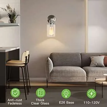 Kimjo Bathroom Wall Sconce, 1 Light Bathroom Vanity Light Brushed Nickel, Modern Wall Light Fixtures with Glass Shade, Industrial Wall Sconce Lighting for Bedroom Kitchen Hallway Farmhouse Wall Lamp