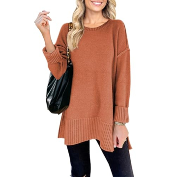 MEROKEETY Women's 2024 Fall Casual Crew Neck Side Split Pullover Sweater Loose Long Sleeve Jumper To...
