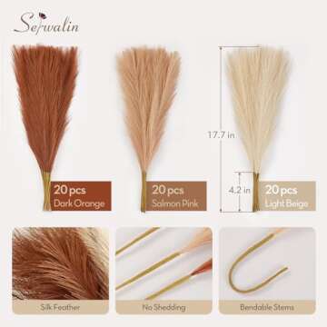 Serwalin 60pcs Orange Pampas Grass Decor, 17.7Inch Fall Artificial Pampas Grass, Faux Pampas Flower Arrangement for Home Decor Wedding Party Centerpieces Decoration Vase Filler