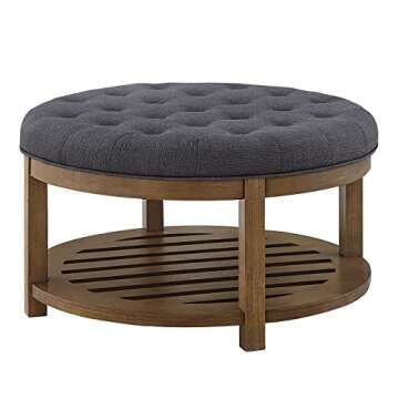 24KF Large Round Upholstered Tufted Linen Ottoman Coffee Table, Large Footrest Ottoman with Wood Shelf Storage-Charcoal
