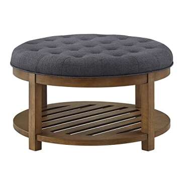 24KF Large Round Upholstered Tufted Linen Ottoman Coffee Table, Large Footrest Ottoman with Wood Shelf Storage-Charcoal