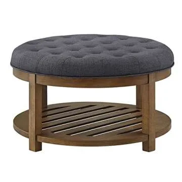 24KF Large Round Upholstered Tufted Linen Ottoman Coffee Table, Large Footrest Ottoman with Wood Shelf Storage-Charcoal