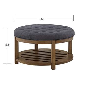 24KF Large Round Upholstered Tufted Linen Ottoman Coffee Table, Large Footrest Ottoman with Wood Shelf Storage-Charcoal